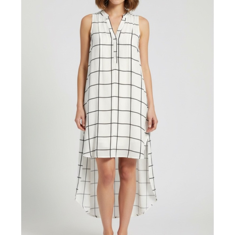MAEVE Anthropologie WHITE/BLACK BIG CHECK Hi-Low 3Button Shirt/Tunic Top DRESS S